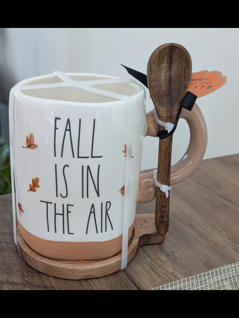 Rae Dunn Ceramic 'FALL IS IN THE AIR' Mug with Wooden Spoon & Wooden Coaster
